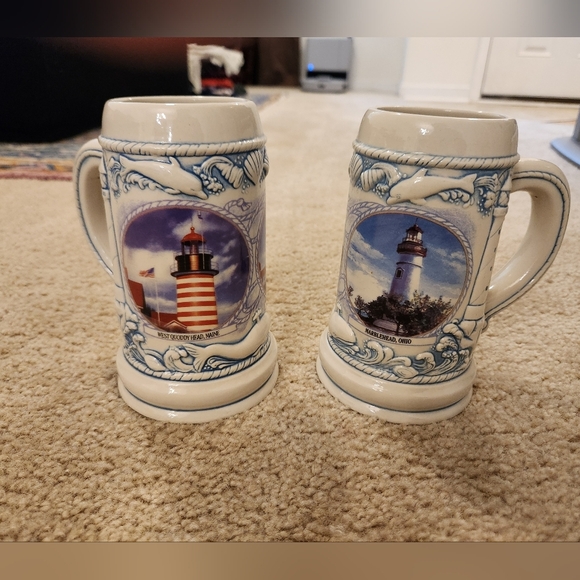 Set Of 2 Lighthouse Beer Steins Ceramic Maine Ohio Michigan No Lids - Picture 1 of 6